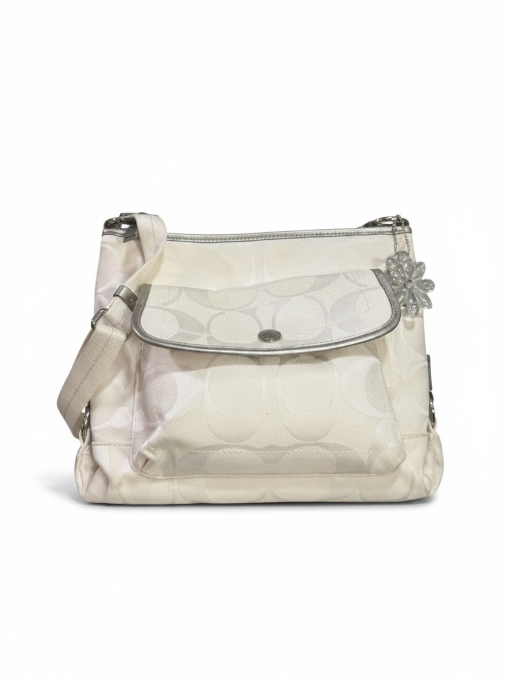 Coach Signature Ivory Jacquard Crossbody Bag Silver Pink Satin Interior 2012
